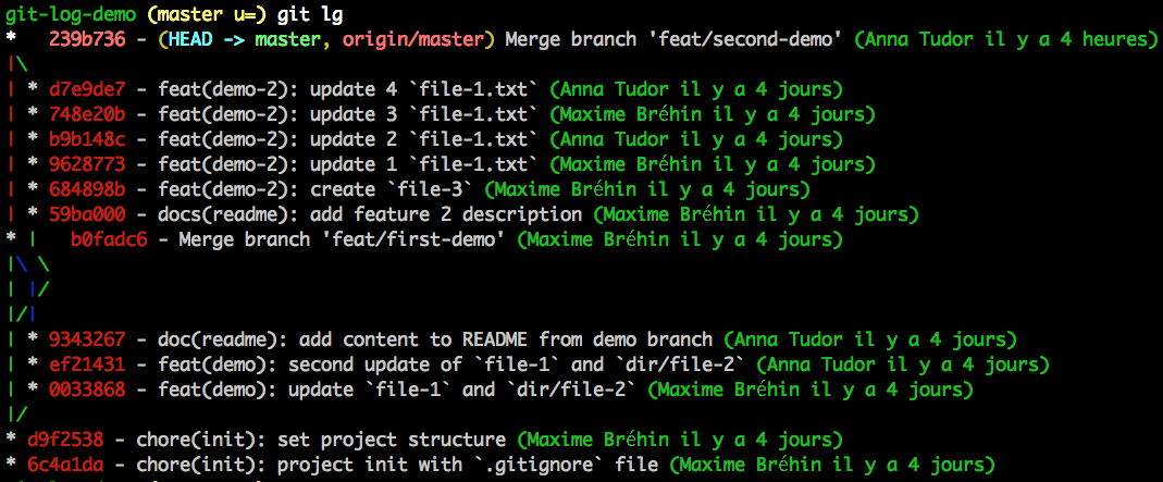 Log arborescent avec commits mono-lignes et infos utiles (auteur, date, branches, HEAD)